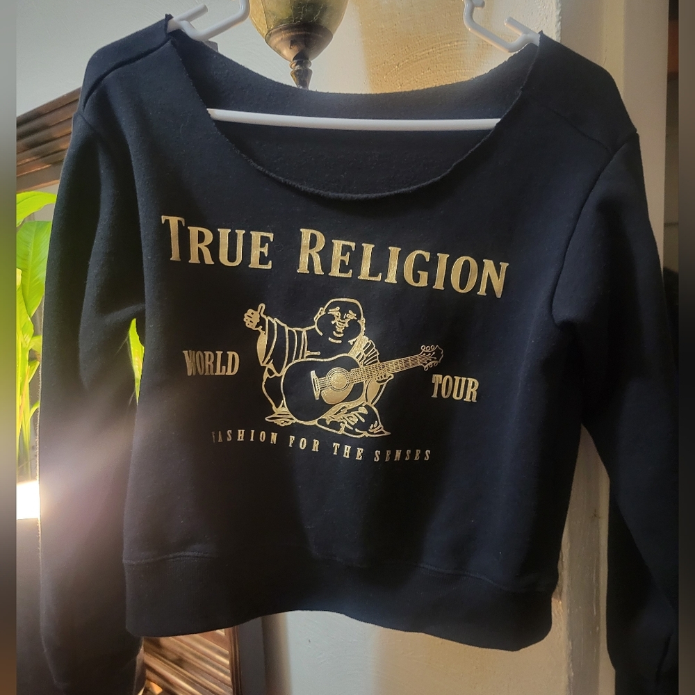 TRUE RELIGION Vintage Off-shoulder Raw Edge Crop Sweatshirt XS
